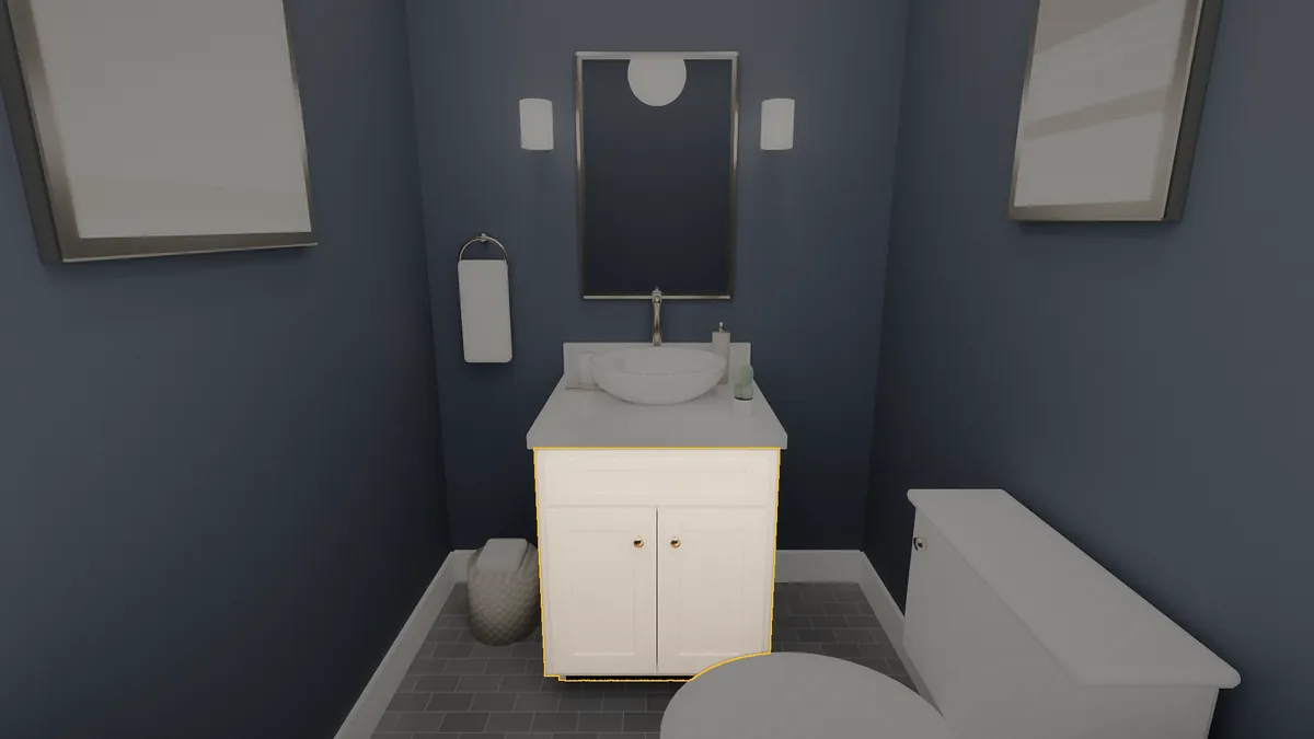 24 inch bathroom vanity, 32 inch finished height, flat panel doors, shown in a finished bathroom