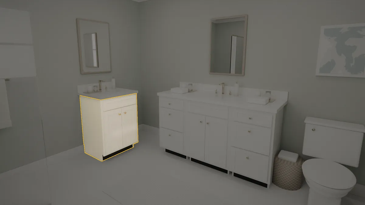24 inch bathroom vanity, 36 inch finished height, flat panel doors, shown in a finished bathroom