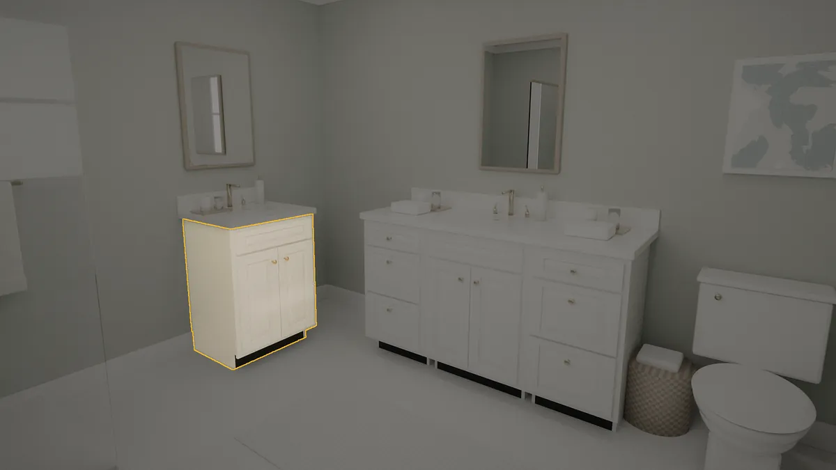 24 inch bathroom vanity, 36 inch finished height, raised panel doors, shown in a finished bathroom