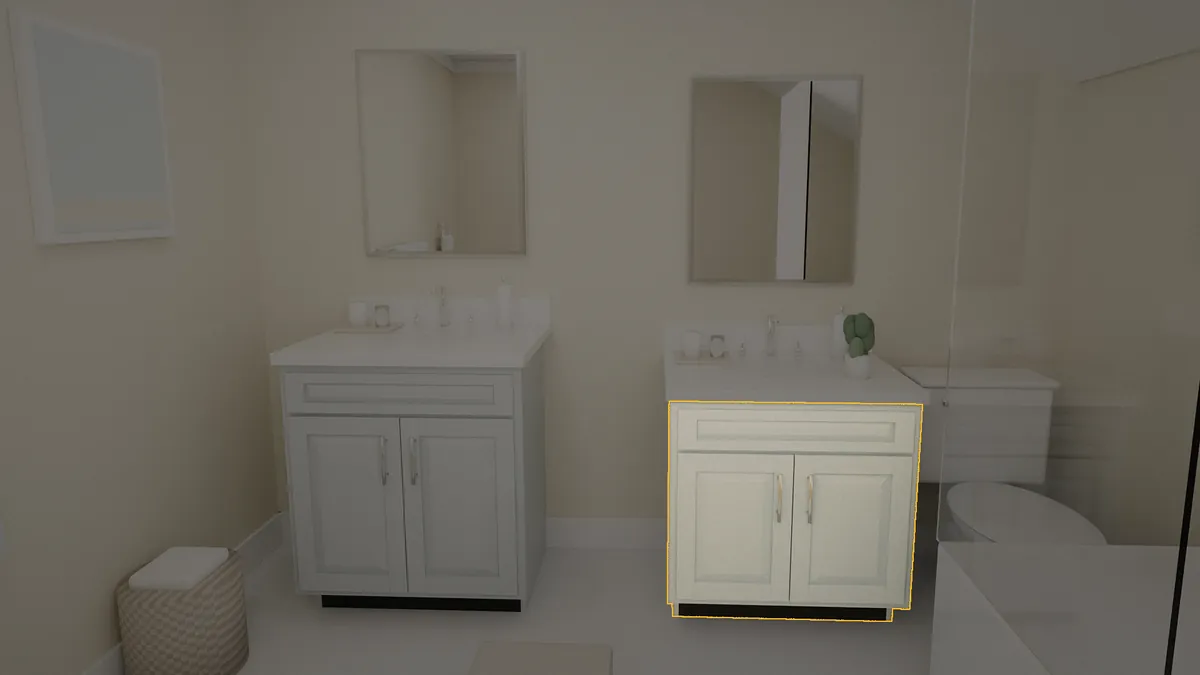 30 inch bathroom vanity, 32 inch finished height, raised panel doors, shown in a finished bathroom