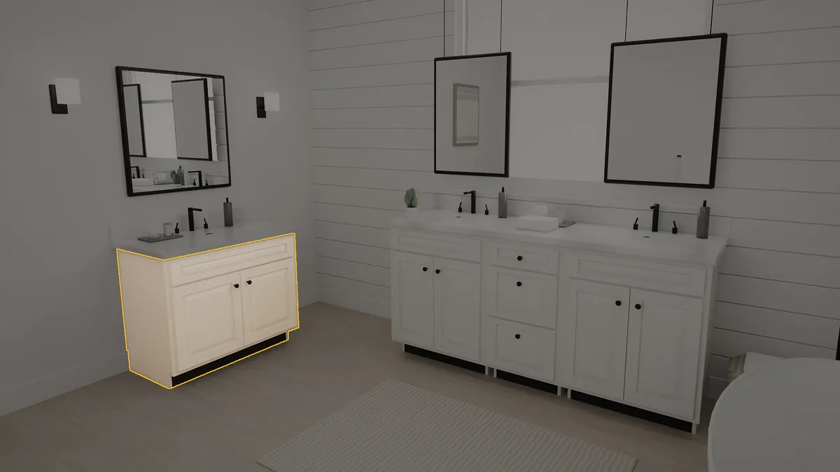 36 inch bathroom vanity, 32 inch finished height, raised panel doors, shown in a finished bathroom