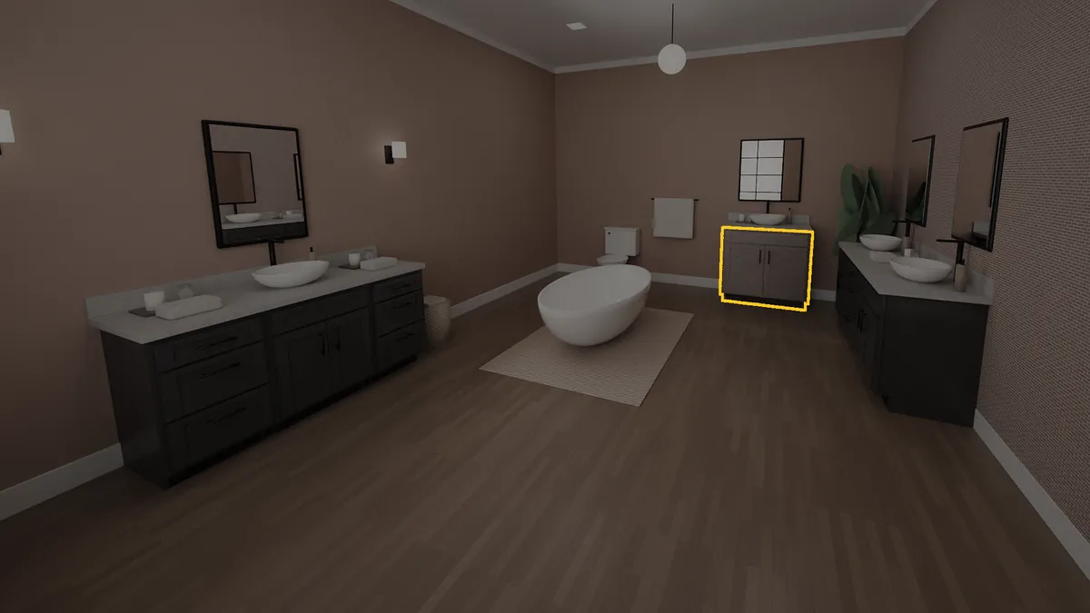 36 inch bathroom vanity, 36 inch finished height, flat panel doors, shown in a finished bathroom