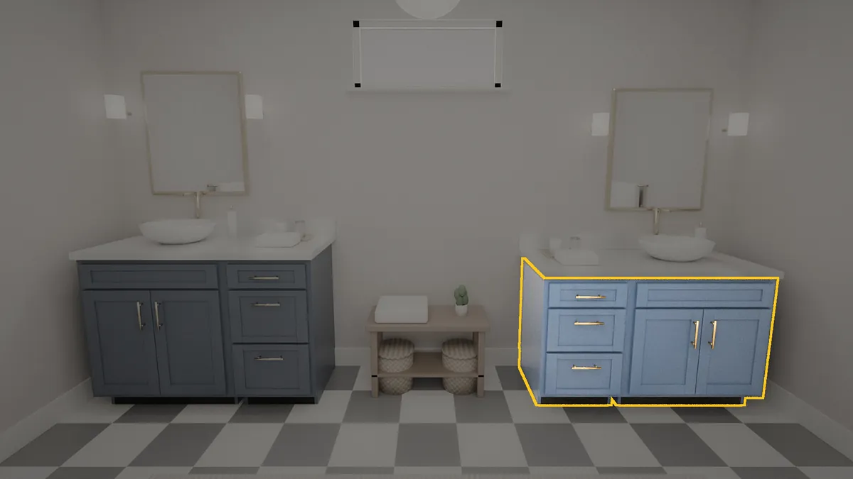 48 inch bathroom vanity, 32 inch finished height, flat panel doors, shown in a finished bathroom