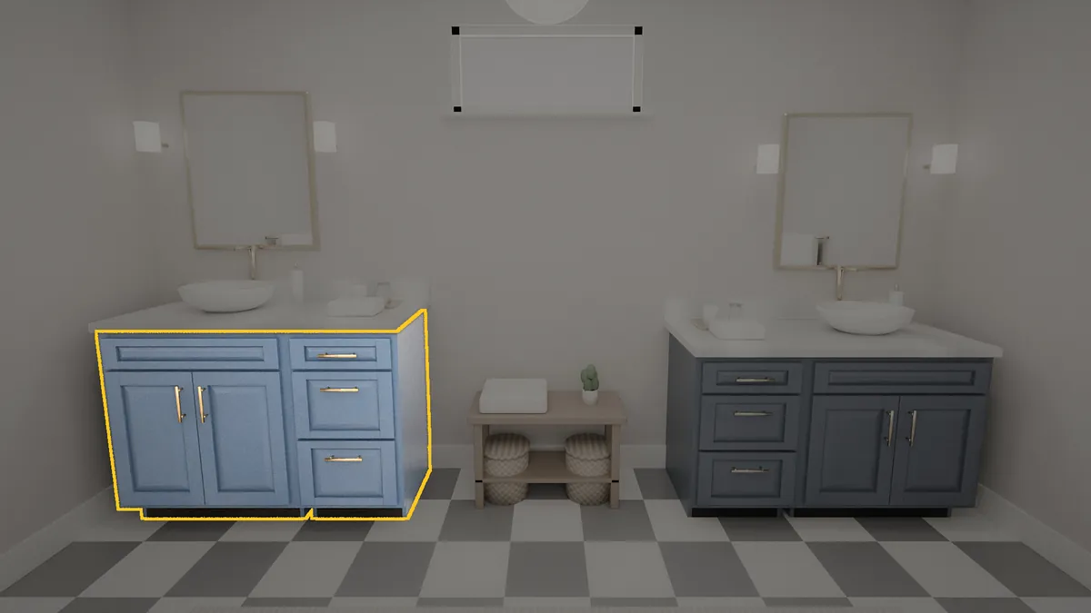 48 inch bathroom vanity, 36 inch finished height, raised panel doors, shown in a finished bathroom