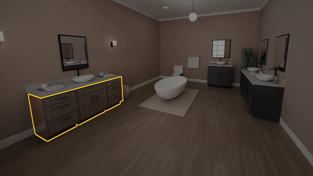 60 inch bathroom vanity, 32 inch finished height, flat panel doors, shown in a finished bathroom