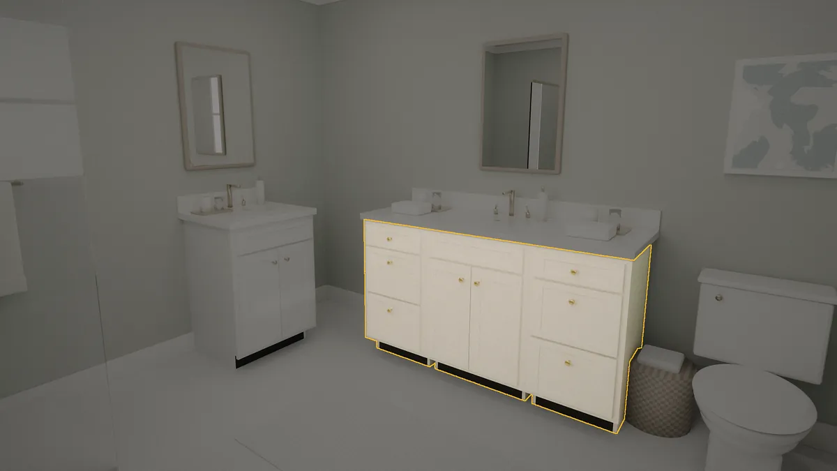 60 inch bathroom vanity, 36 inch finished height, flat panel doors, shown in a finished bathroom