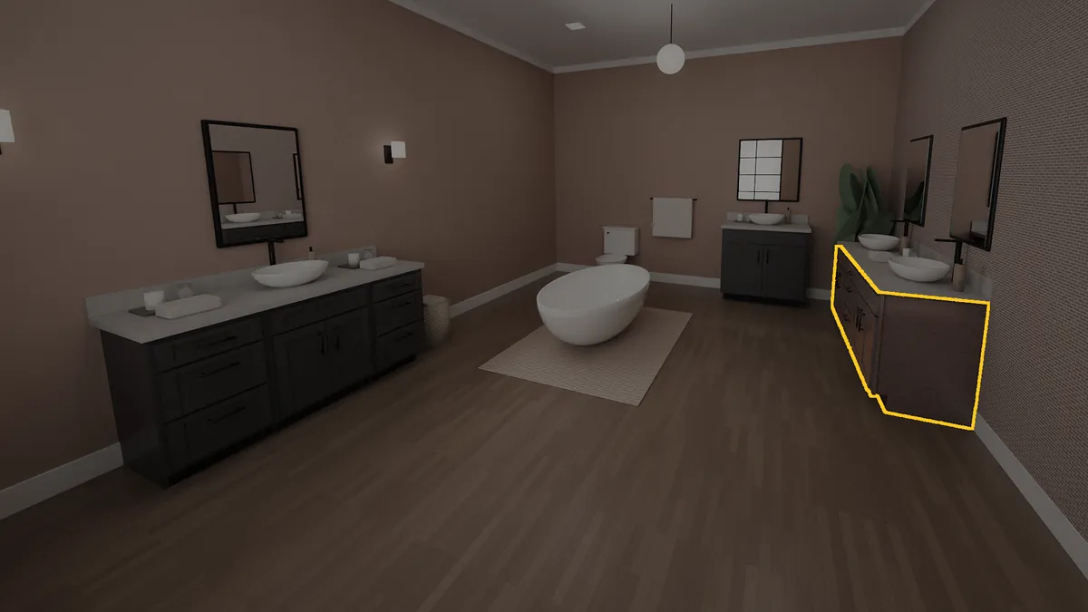 72 inch bathroom vanity, 32 inch finished height, flat panel doors, shown in a finished bathroom