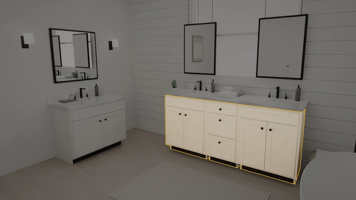72 inch bathroom vanity, 36 inch finished height, flat panel doors, shown in a finished bathroom