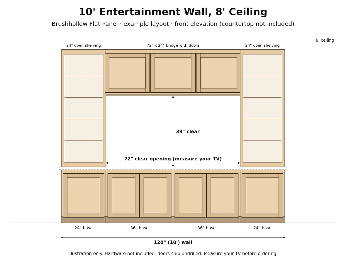 10' Entertainment Wall Layout, 8' Ceiling - Brushhollow front elevation drawing