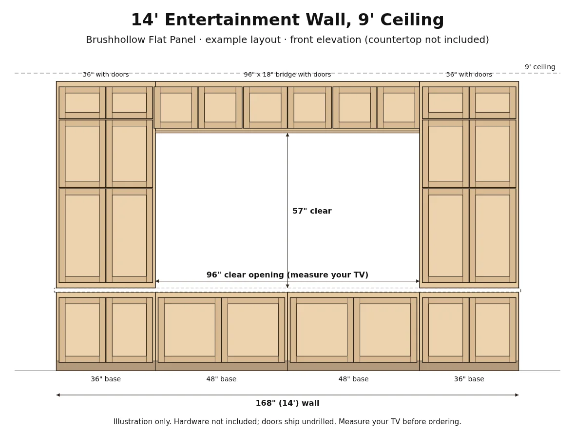 14' Entertainment Wall Layout, 9' Ceiling - Brushhollow front elevation drawing