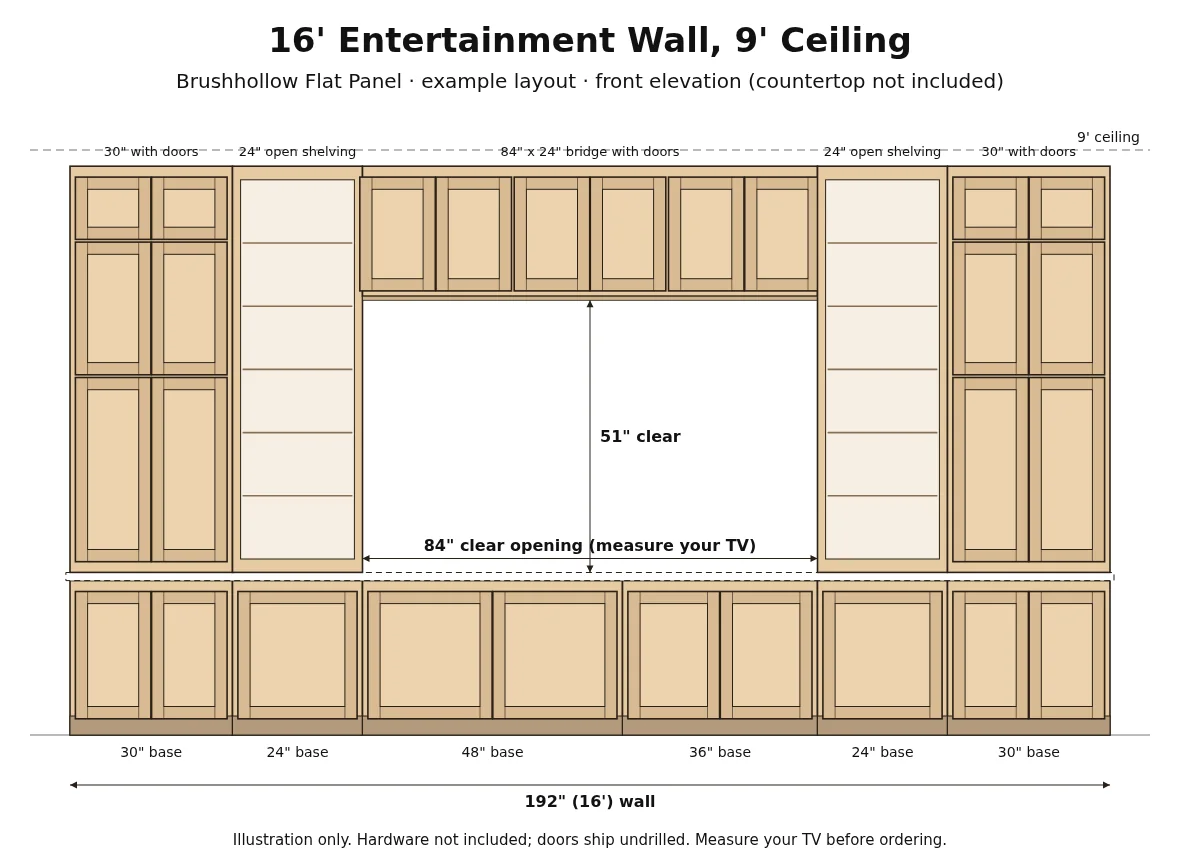 16' Entertainment Wall Layout, 9' Ceiling - Brushhollow front elevation drawing
