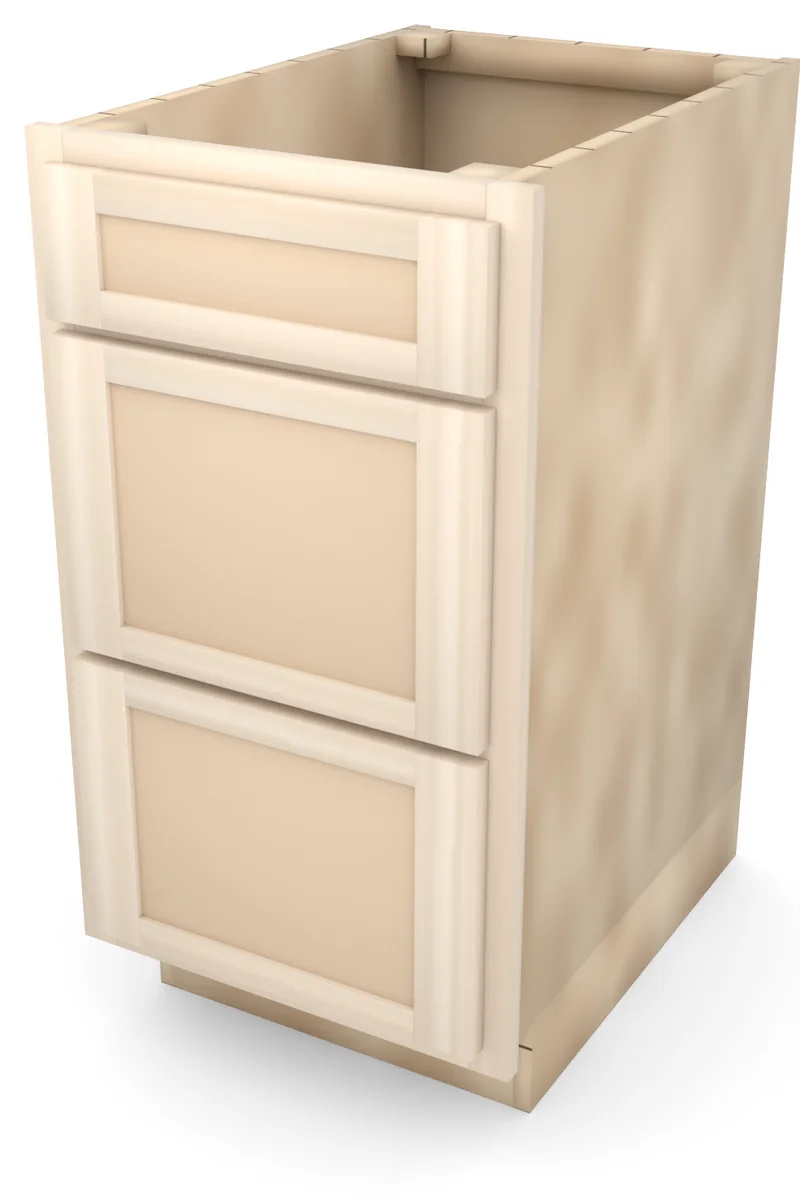 Brushhollow 18" 3-drawer base, Shaker fronts, 3/4 view, unfinished