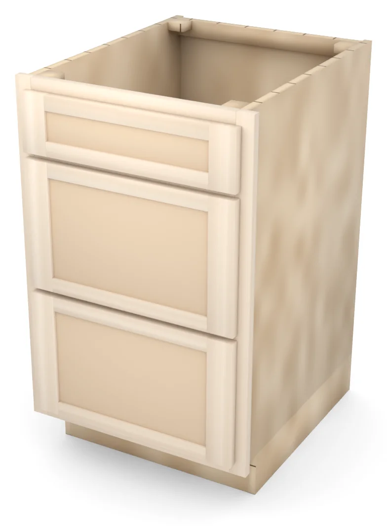 Brushhollow 21" 3-drawer base, Shaker fronts, 3/4 view, unfinished