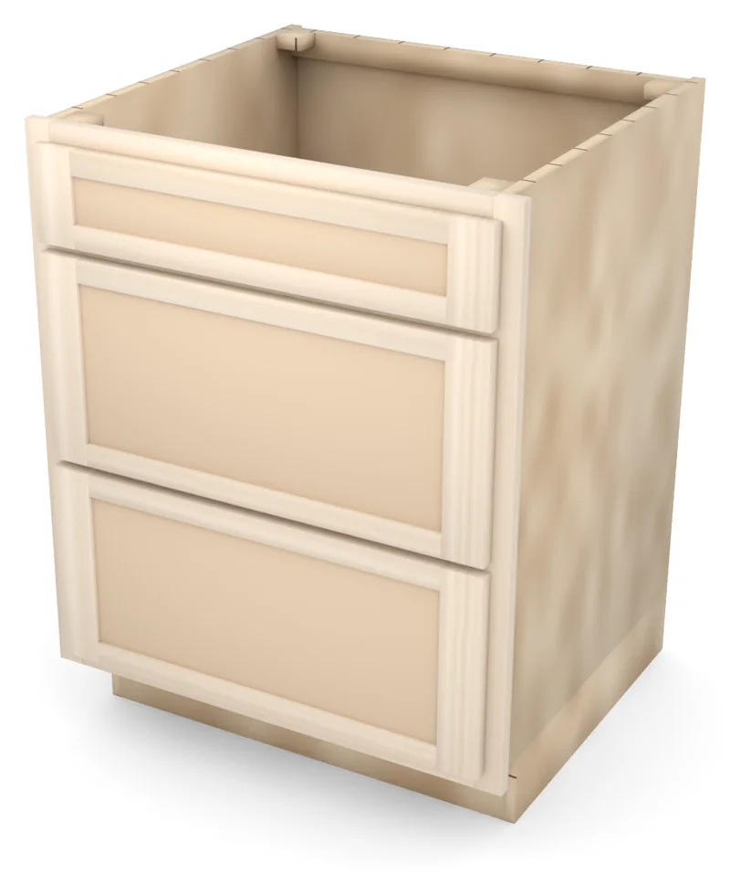 Brushhollow 27" 3-drawer base, Shaker fronts, 3/4 view, unfinished