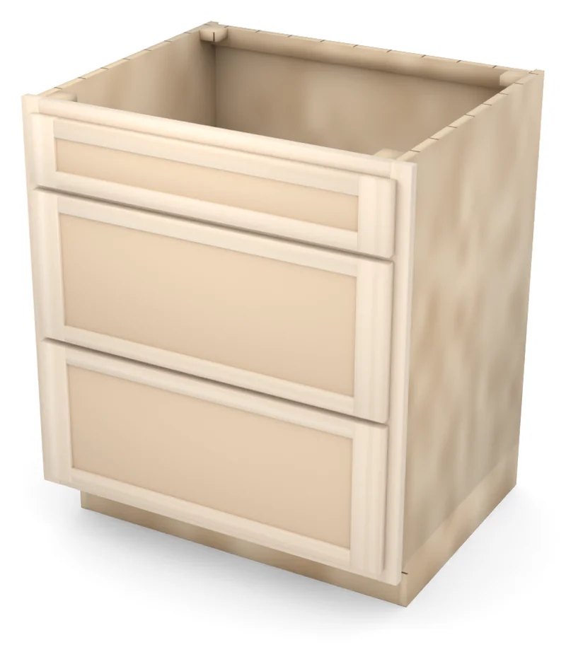 Brushhollow 30" 3-drawer base, Shaker fronts, 3/4 view, unfinished