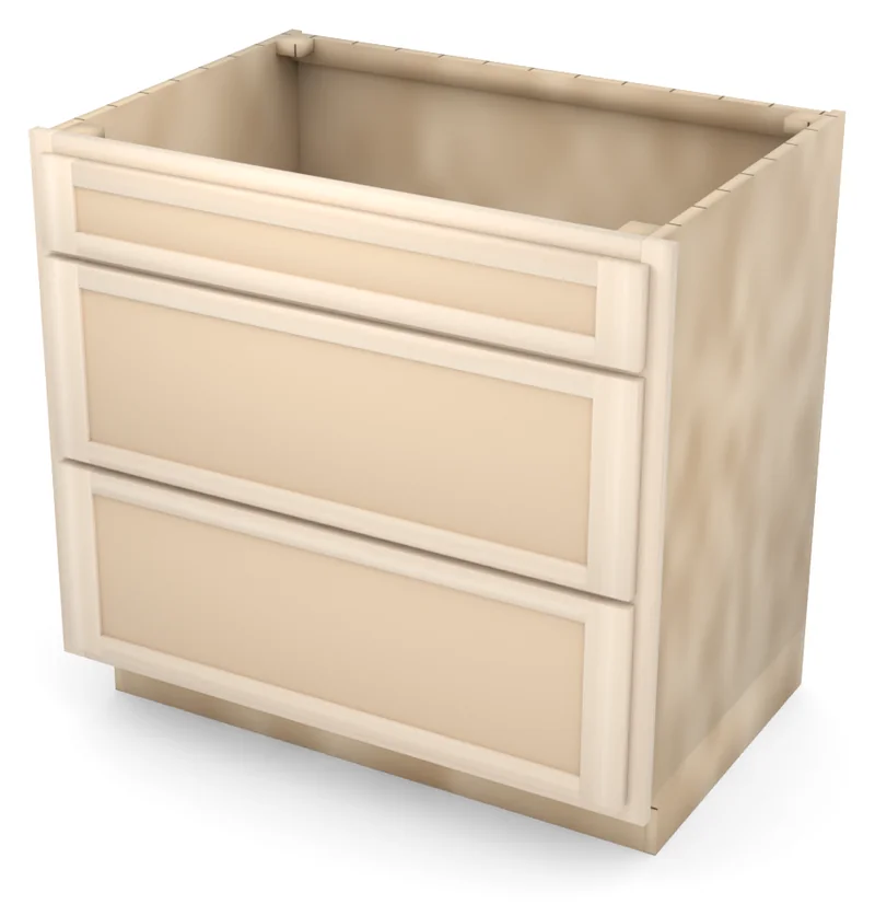 Brushhollow 36" 3-drawer base, Shaker fronts, 3/4 view, unfinished