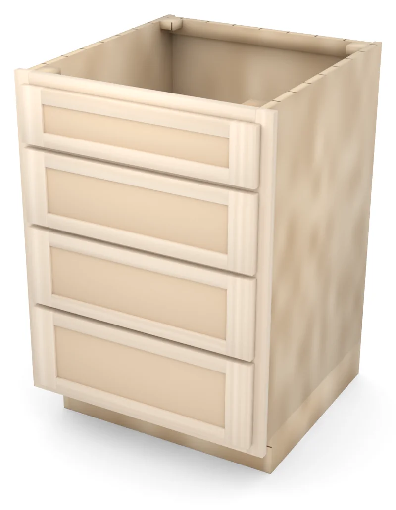 Brushhollow 24" 4-drawer base, Shaker fronts, 3/4 view, unfinished