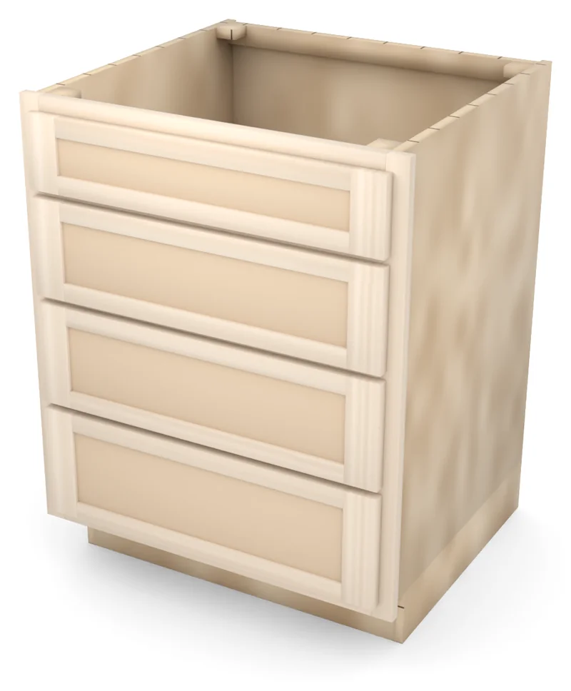 Brushhollow 27" 4-drawer base, Shaker fronts, 3/4 view, unfinished