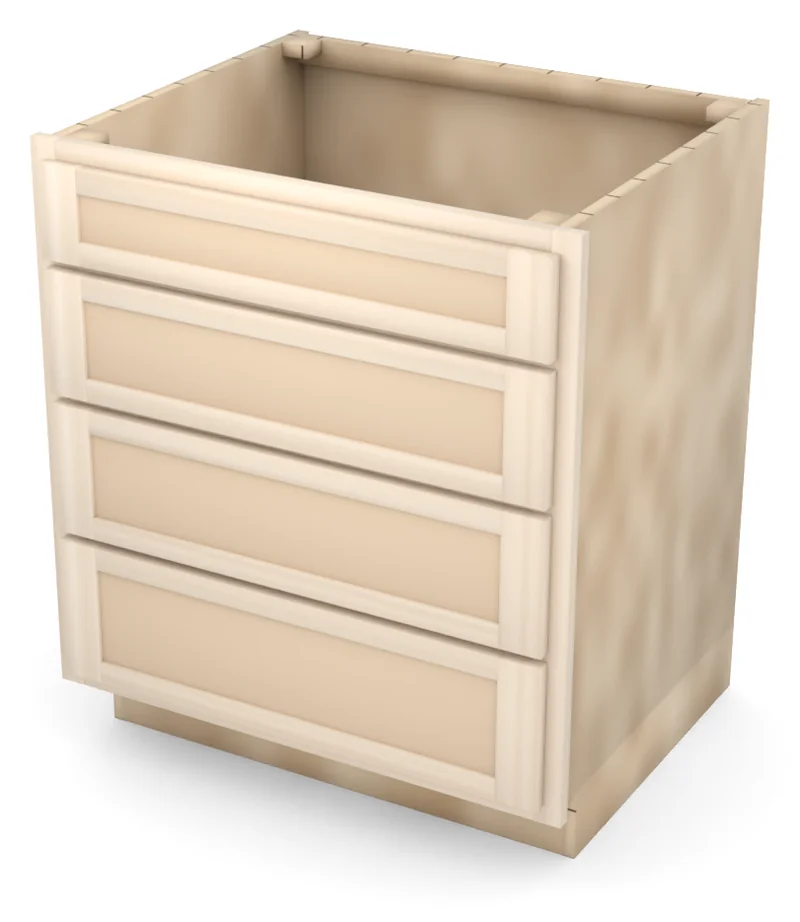 Brushhollow 30" 4-drawer base, Shaker fronts, 3/4 view, unfinished
