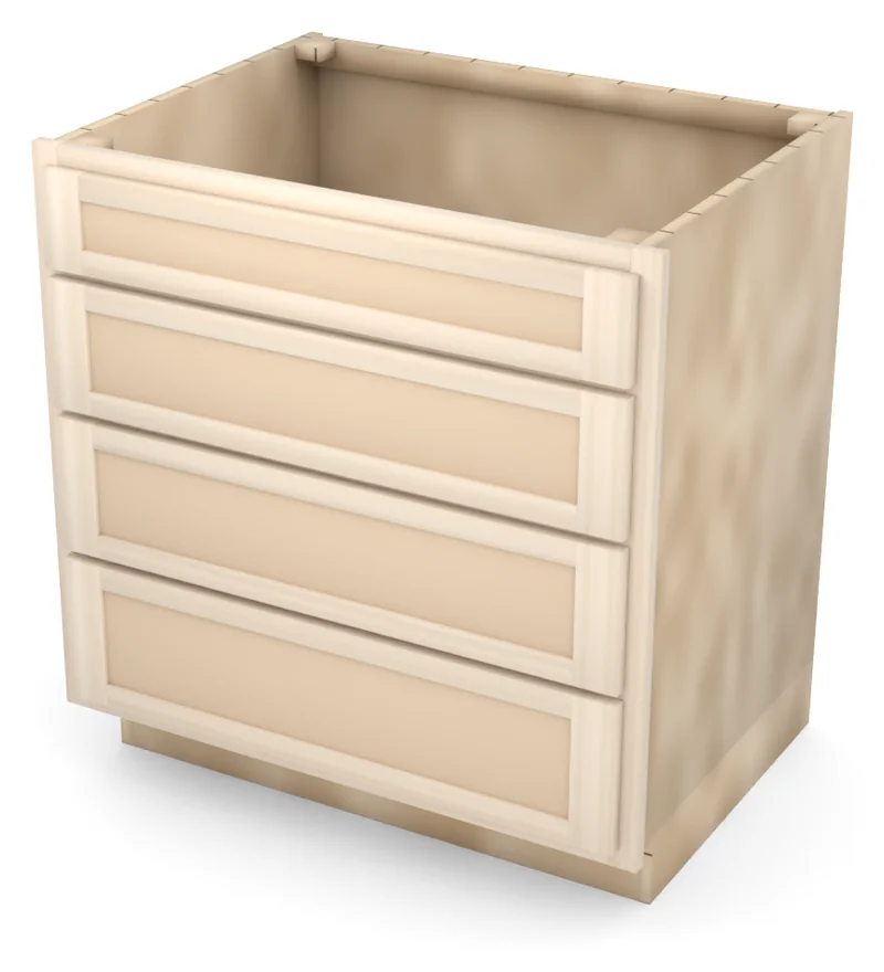 Brushhollow 33" 4-drawer base, Shaker fronts, 3/4 view, unfinished
