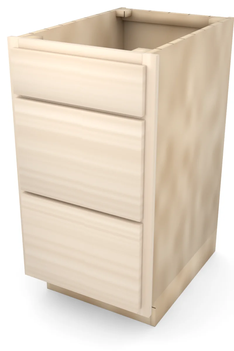 Brushhollow 18" 3-drawer base, slab fronts, 3/4 view, unfinished