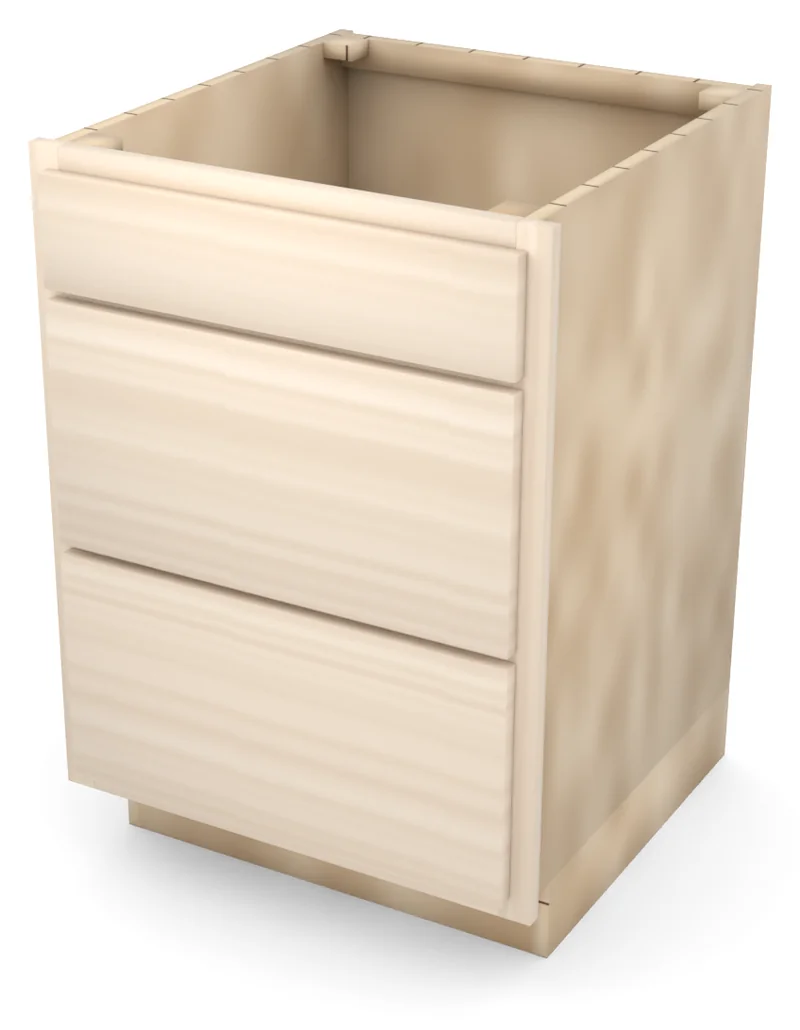 Brushhollow 24" 3-drawer base, slab fronts, 3/4 view, unfinished
