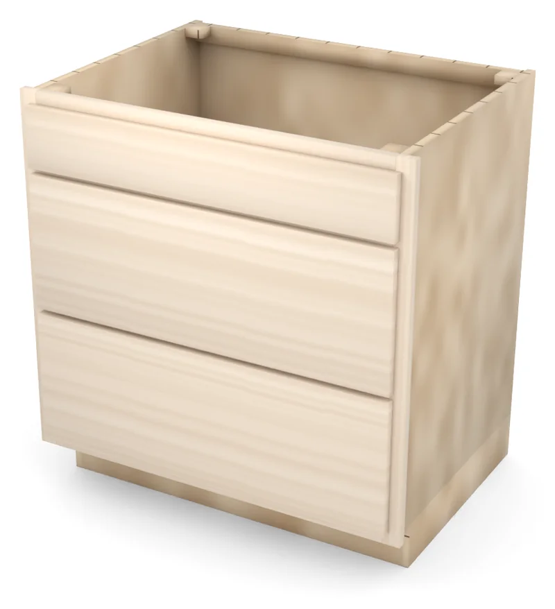 Brushhollow 33" 3-drawer base, slab fronts, 3/4 view, unfinished