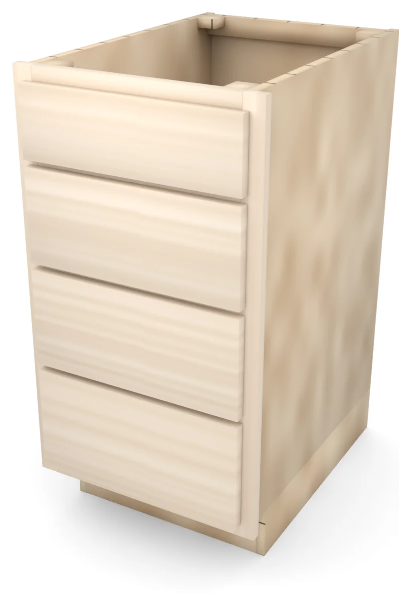 Brushhollow 18" 4-drawer base, slab fronts, 3/4 view, unfinished