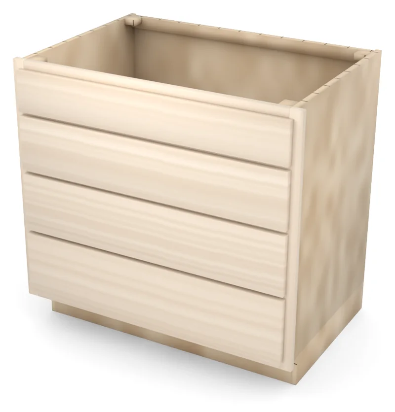 Brushhollow 36" 4-drawer base, slab fronts, 3/4 view, unfinished
