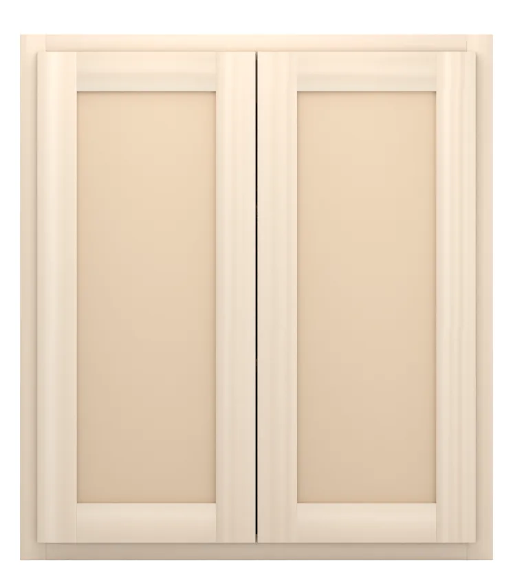 27" wide x 30" tall wall cabinet, two doors, flat panel doors, front view, unfinished