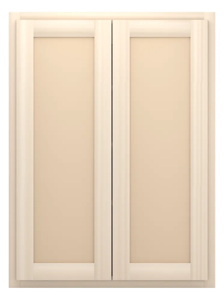 27" wide x 36" tall wall cabinet, two doors, flat panel doors, front view, unfinished
