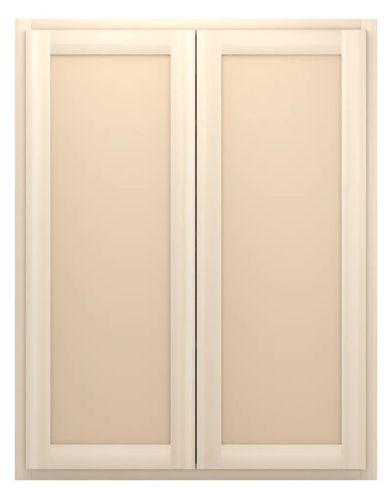 33" wide x 42" tall wall cabinet, two doors, flat panel doors, front view, unfinished